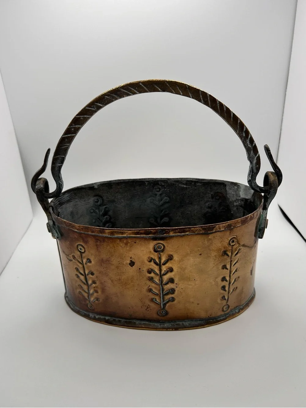 Vintage Brass Copper Handle Pot Engraved Beautiful Patina